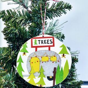 Hand Crafted Wood Christmas Ornament Decoupage Vintage Camper/Christmas Tree Lot
